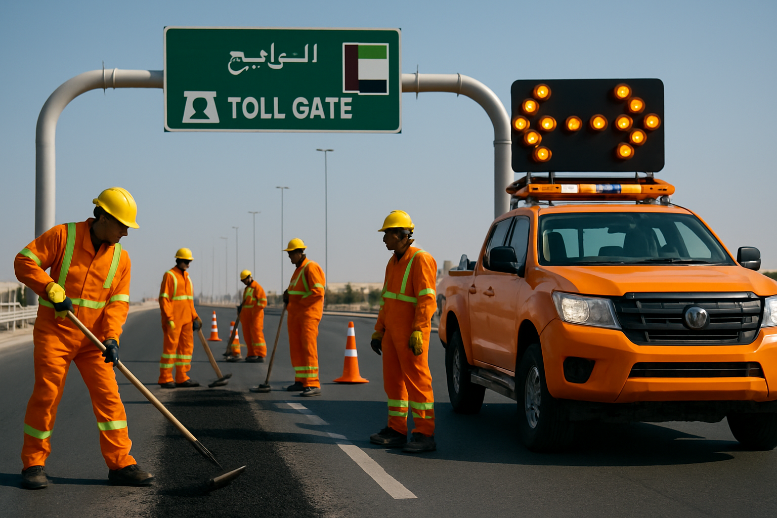 Maintenance team servicing a major paid road in the UAE